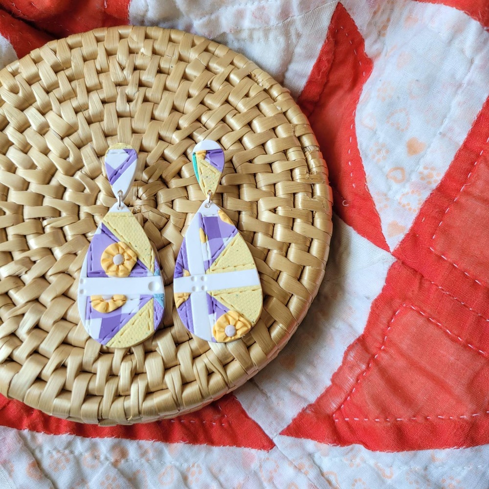 Patchwork Quilt Earrings Polymer Clay Teardrop - Picture 1 of 4
